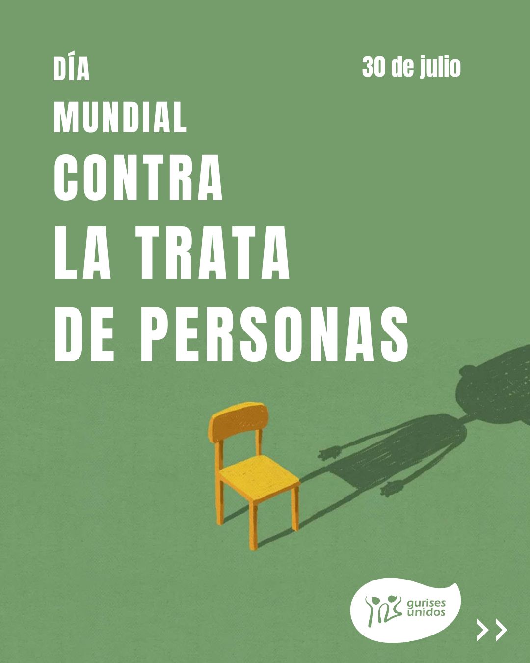 30 de julio, Día Mundial contra la Trata de Personas. Ilustración de una silla vacía cuya sombra proyecta la silueta de un niño.